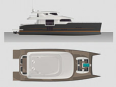 Motor catamaran blue coast 100 power - view on profile, flybridge and deck