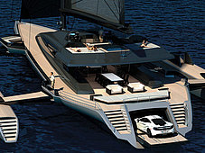 Sailing trimaran blue coast 160 - view from rear with car garage